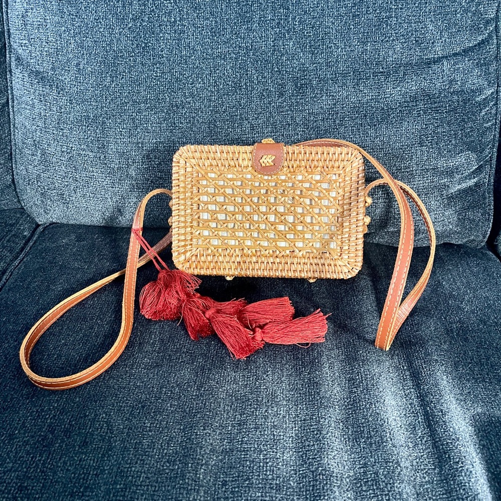 Woven Tan Crossbody Bag with Red Tassels